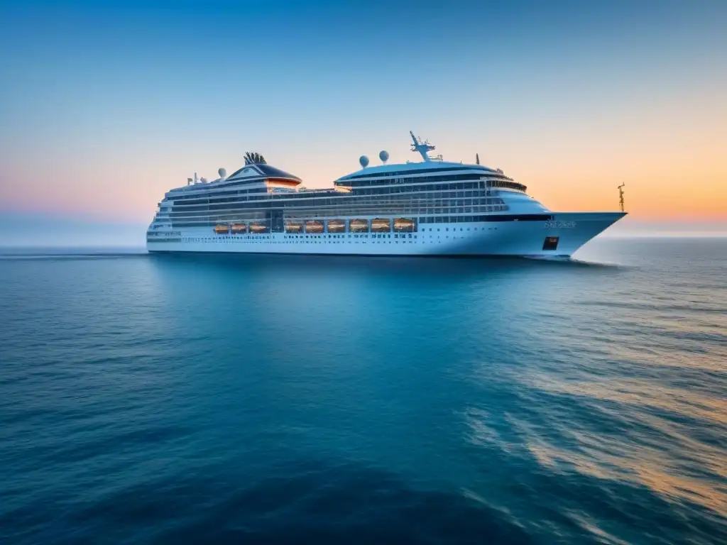 Un elegante crucero de lujo surcando el Mar Negro bajo un cielo claro y dorado