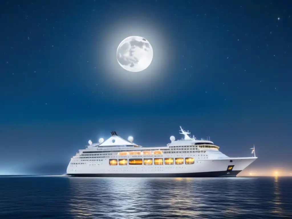 Un elegante crucero navega bajo la luz de la luna en aguas tranquilas