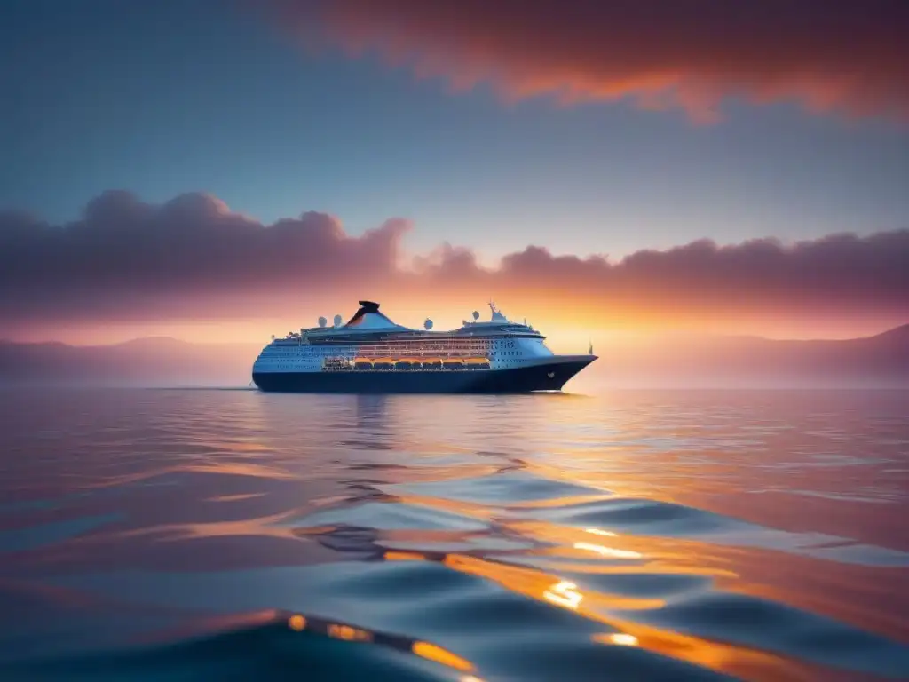 Un elegante crucero surca el mar al atardecer, inspirado en las Rutas de cruceros Marco Polo