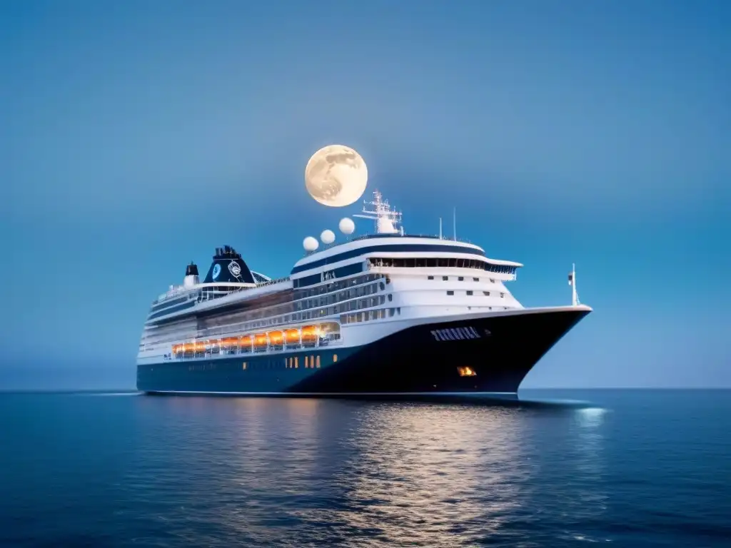 Un elegante crucero surca el mar bajo un cielo estrellado, reflejando la luna en las aguas tranquilas