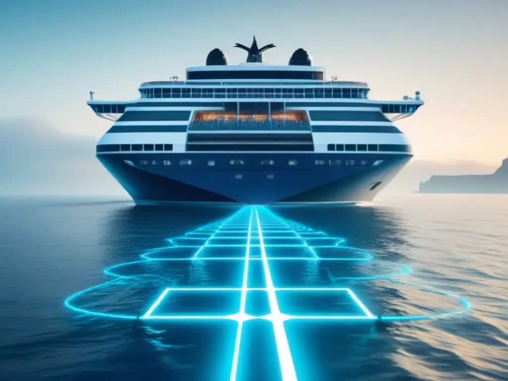 Un elegante crucero navega sobre un mar digital de nodos blockchain, simbolizando la integración de criptomonedas en turismo marítimo