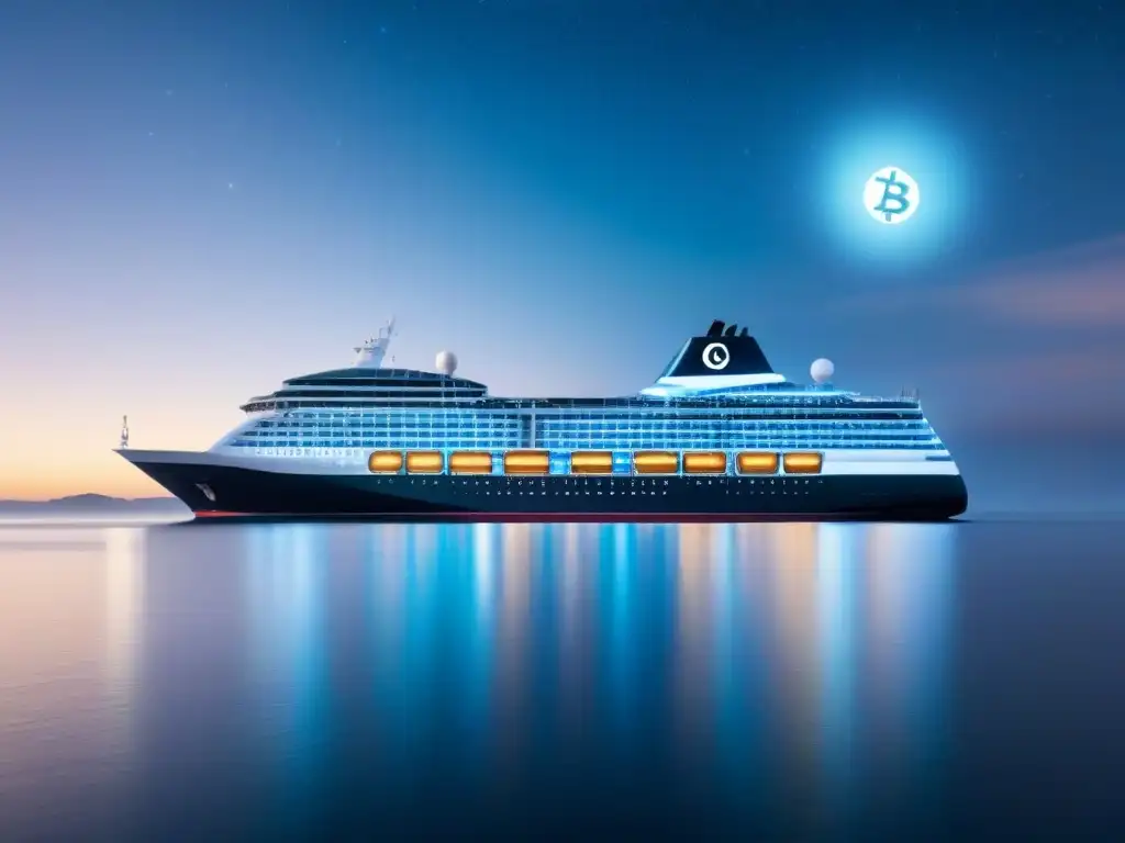 Un elegante crucero surca el mar en una noche estrellada, con símbolos de criptomonedas