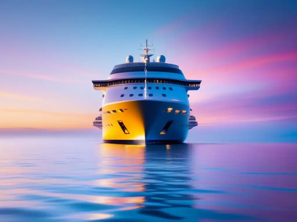 Un elegante crucero navegando en un mar tranquila bajo un cielo de atardecer vibrante