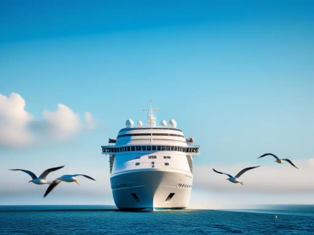 Un elegante crucero navegando en un mar tranquilo bajo un cielo azul, rodeado de gaviotas