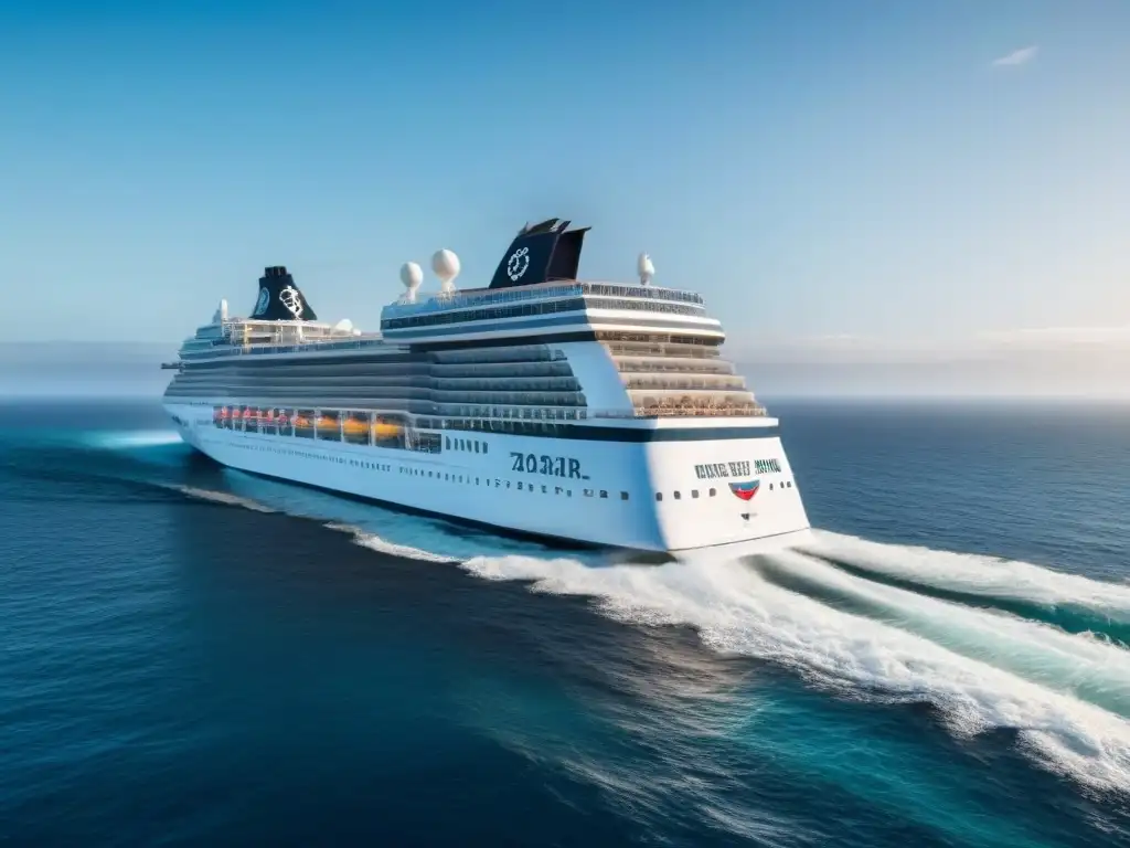 Un elegante crucero marítimo en alta mar, rodeado de olas con un cielo azul claro de fondo