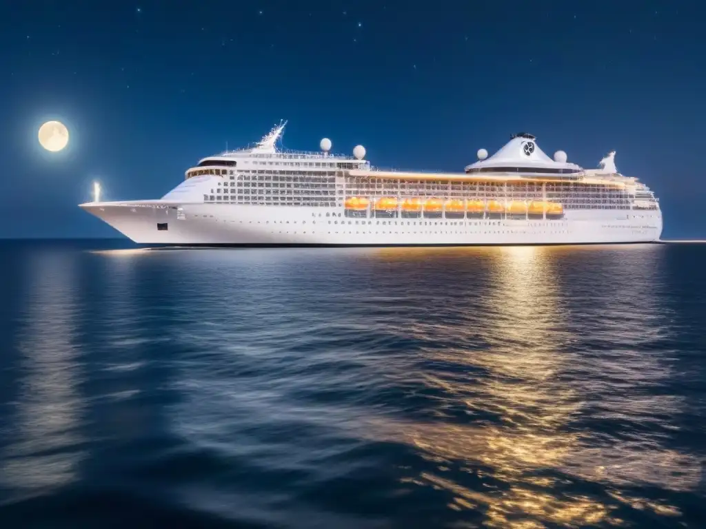 Un elegante crucero marítimo bajo la noche estrellada, resaltando cenas temáticas de lujo