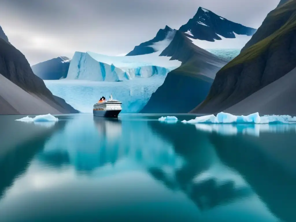 Un elegante crucero explorando mercados inaccesibles en aguas heladas y glaciares imponentes