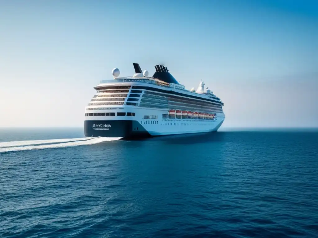 Un elegante crucero moderno cortando las aguas cristalinas del océano bajo un cielo azul claro