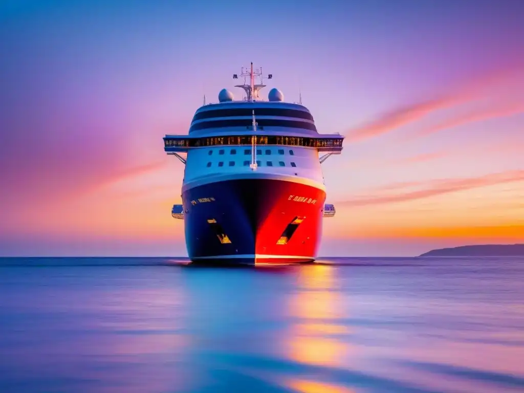 Un elegante crucero moderno navegando en aguas cristalinas al atardecer con seguros de crucero innovadores