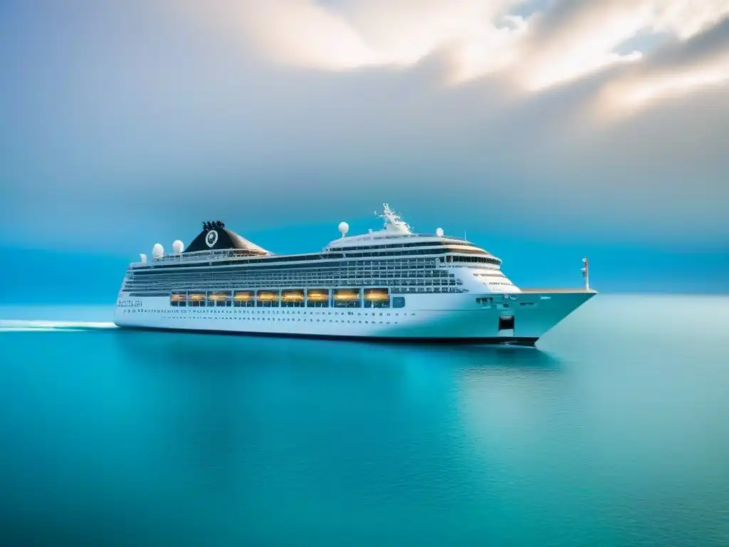 Un elegante crucero moderno navegando en aguas turquesas bajo un cielo despejado, ideal para 'Cruceros para bodas en alta mar'