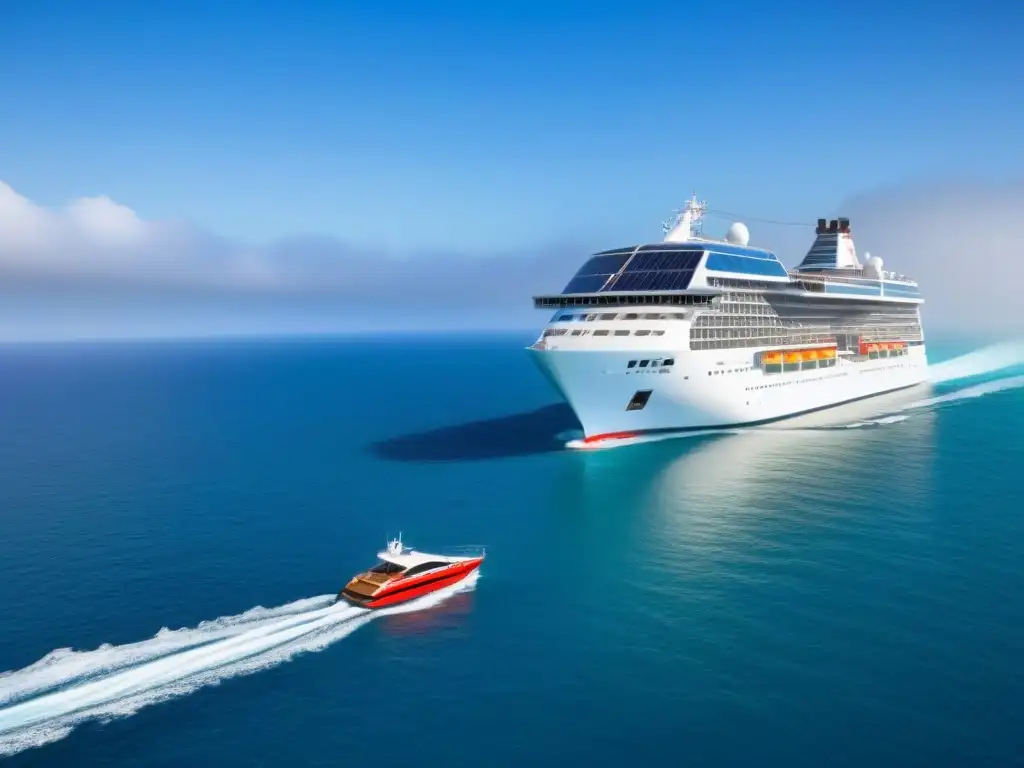 Un elegante crucero moderno navega en aguas cristalinas bajo el sol radiante, con paneles solares integrados que reflejan el cielo