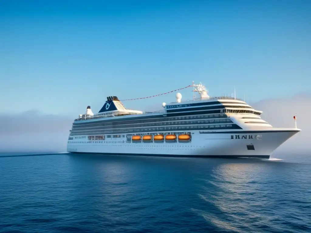 Un elegante crucero moderno navega en aguas tranquilas bajo un cielo azul