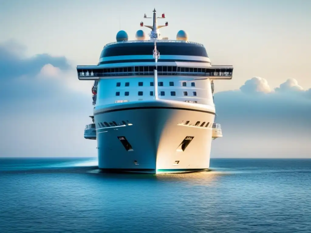 Un elegante crucero moderno surcando aguas cristalinas bajo un cielo despejado