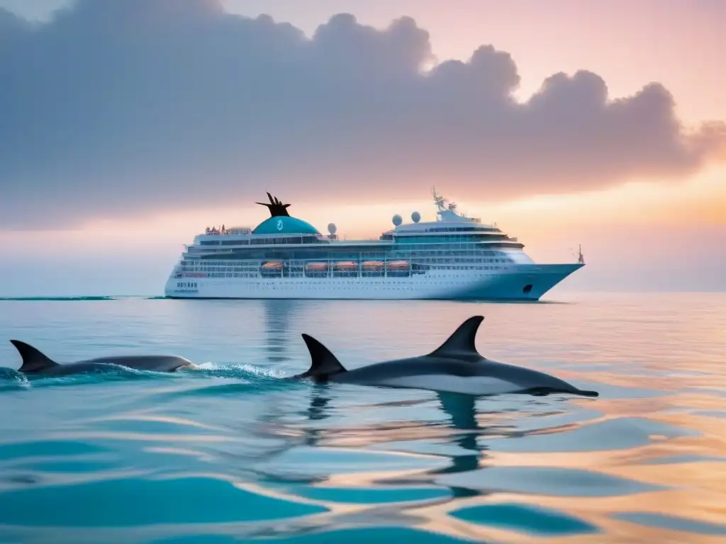 Un elegante crucero moderno navega en aguas cristalinas, con delfines nadando graciosamente