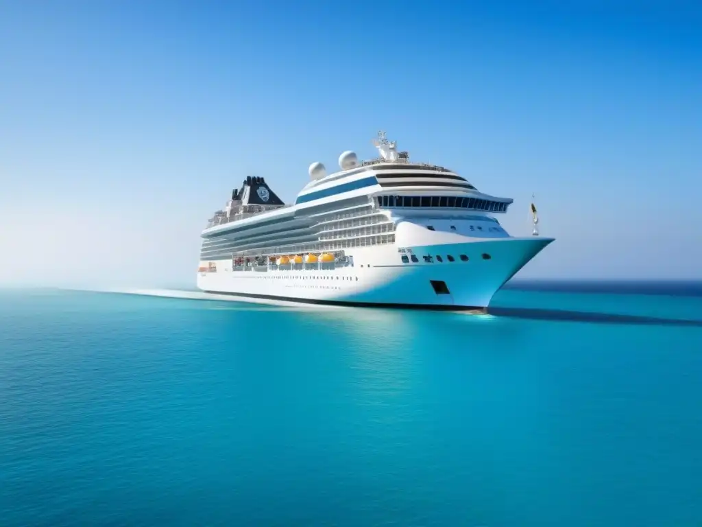 Un elegante crucero moderno surcando aguas turquesas bajo un cielo azul claro, reflejando experiencias de marca en cruceros