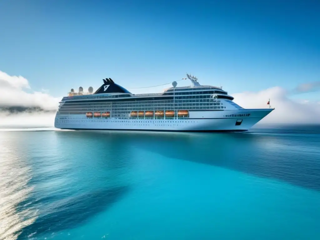 Un elegante crucero moderno navegando en aguas turquesas, reflejando el sol