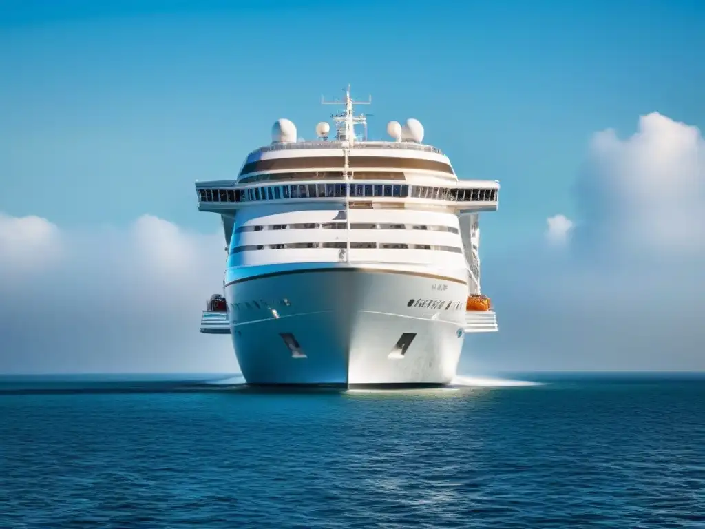 Un elegante crucero moderno compite en la industria de cruceros, surcando aguas cristalinas bajo un cielo despejado