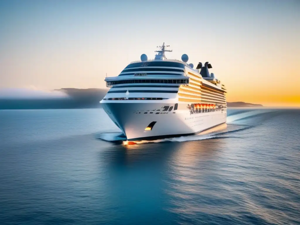 Un elegante crucero moderno navega sereno en aguas azules bajo el sol dorado