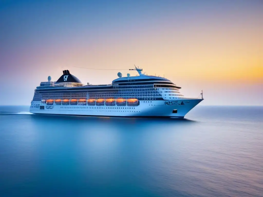 Un elegante crucero MSC surcando un sereno paisaje marino mediterráneo al atardecer, reflejando la esencia de destinos cruceros descuentos última hora