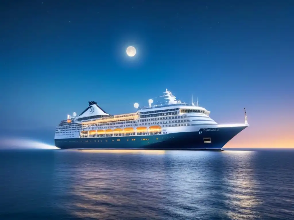 Un elegante crucero navegando bajo la noche estrellada, reflejando la luz de la luna