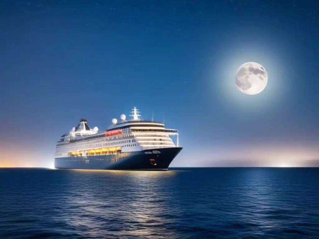 Un elegante crucero navegando bajo la noche estrellada, reflejando la luz de la luna en el océano