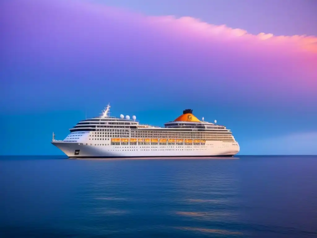 Un elegante crucero navegando en el océano al atardecer, reflejando el cielo en tonos de naranja, rosa y morado