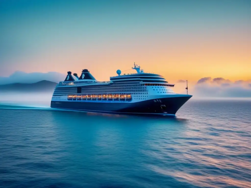 Un elegante crucero navegando en un océano digital blockchain, simbolizando pagos seguros de cruceros con criptomonedas