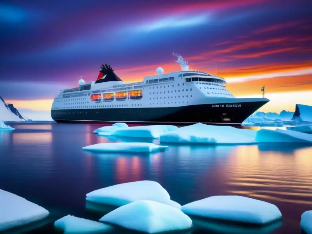 Un elegante crucero polar en aguas heladas bajo un cielo vibrante