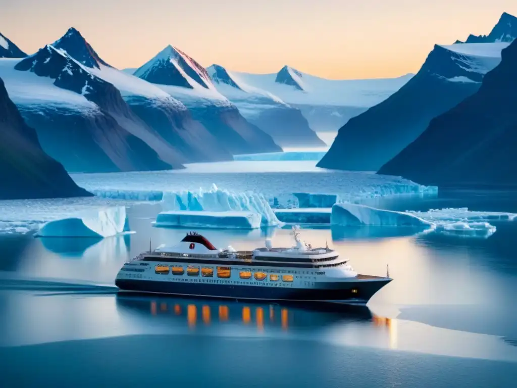 Un elegante crucero polar navegando entre glaciares bajo el sol de medianoche