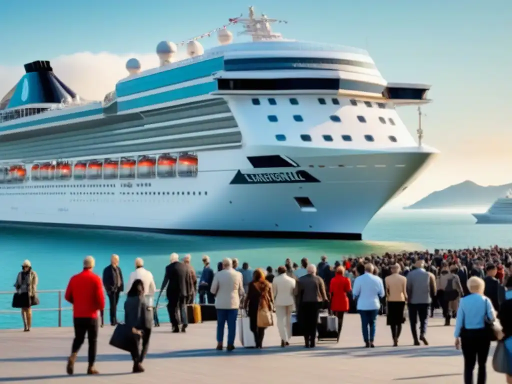 Un elegante crucero en un puerto internacional con pasajeros desembarcando y un símbolo de seguro de salud global