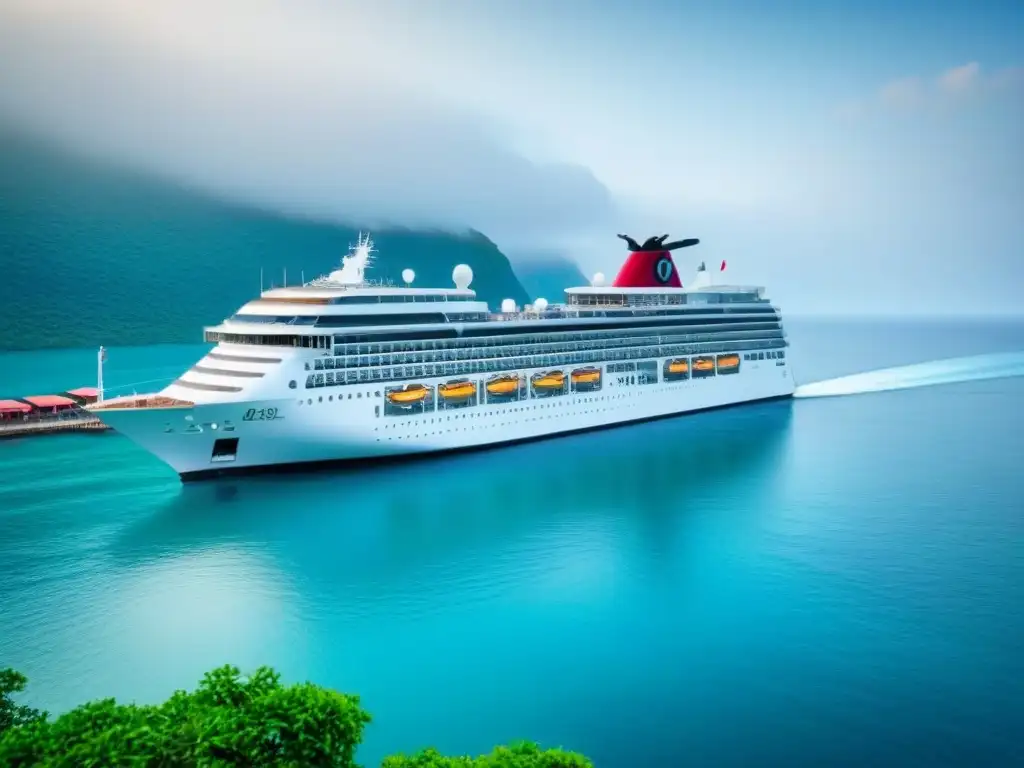 Elegante crucero en puerto sostenible, destacando la armonía entre turismo de cruceros sostenible y la naturaleza