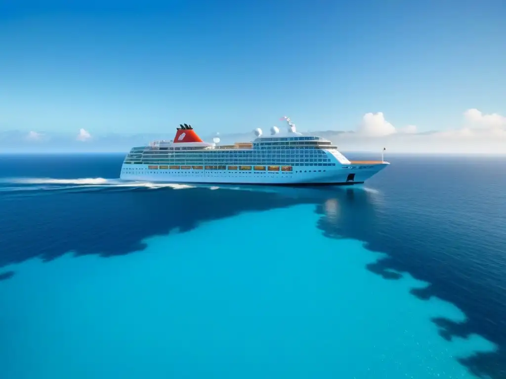 Crucero futurista ecofriendly en aguas turquesas Un elegante crucero sostenible surca aguas turquesas con islas tropicales de fondo