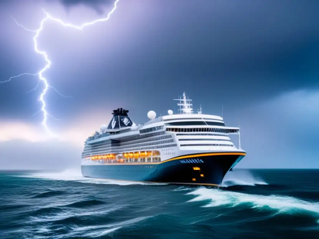 Un elegante crucero navega entre turbulentas olas y relámpagos, simbolizando el impacto económico pandemia industria cruceros