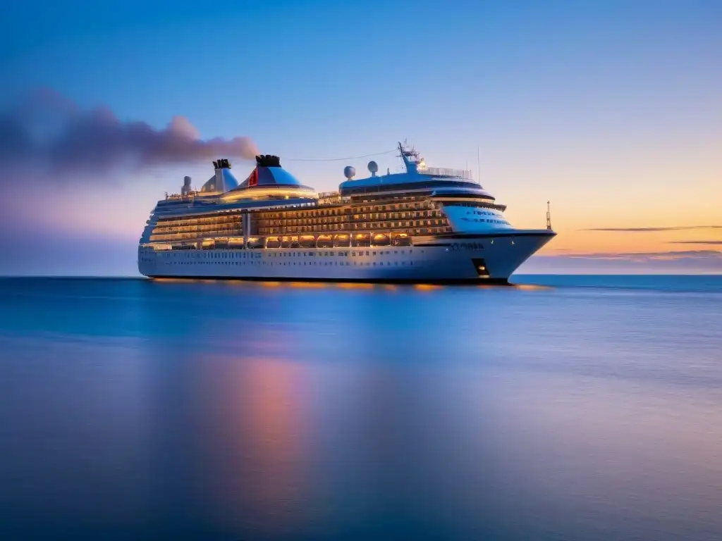 Elegante crucero turístico al atardecer reflejando tonos dorados en aguas tranquilas, con un fondo de océano sereno y cielo despejado