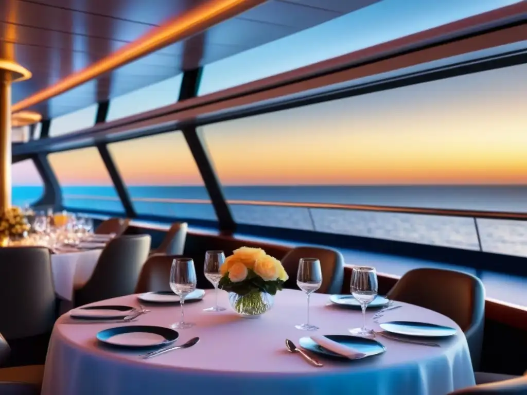 Una elegante cubierta de comedor de crucero al atardecer, con mesas listas para alta cocina, reflejando la serenidad del mar