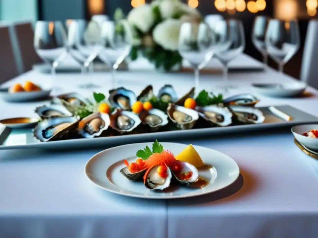 Exquisita degustación de mariscos en mesa minimalista Una elegante degustación de mariscos en evento gastronómico turismo marítimo