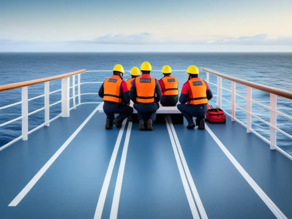 Elegante demostración de protocolos de seguridad en cruceros con pasajeros y tripulación siguiendo procedimientos con calma y precisión