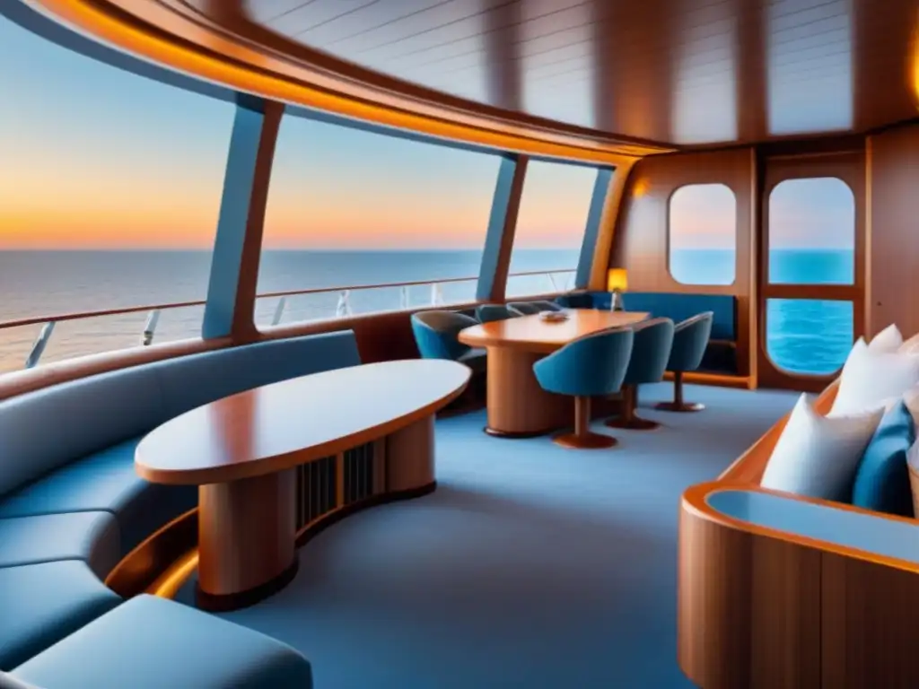 Crucero de lujo futurista: elegancia y diseño innovador en alta mar Elegante diseño de crucero de lujo con elementos de madera y acero, navegando en un océano sereno al atardecer