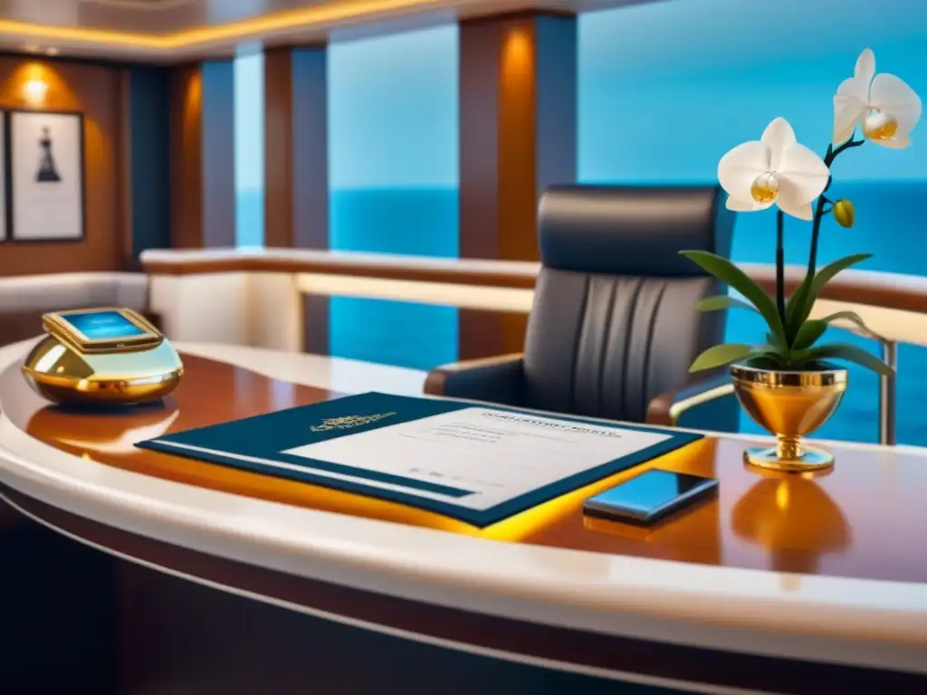 Elegante escritorio de concierge en un crucero de lujo, con diseño moderno y detalles dorados