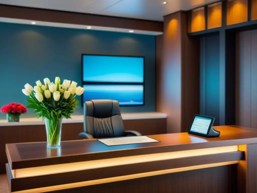 Elegante escritorio de concierge en crucero, con diseño pulido, monitor moderno y flores frescas, irradiando lujo y servicio personalizado