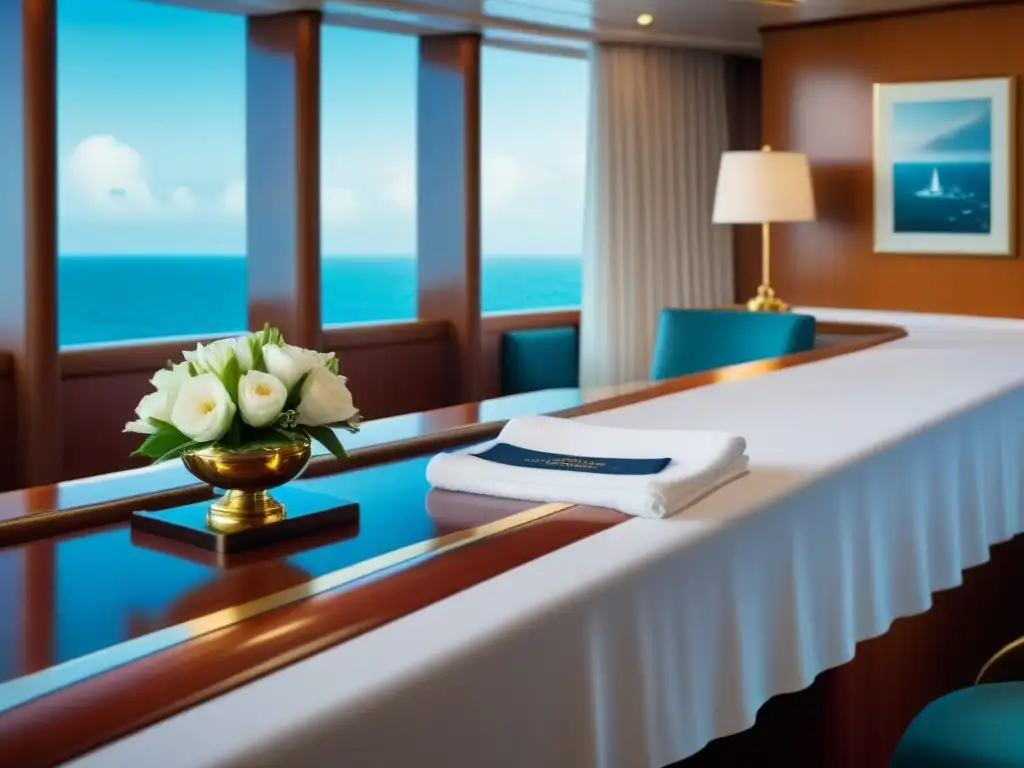 Un elegante escritorio de concierge en un crucero de lujo: madera pulida, flores frescas, toallas blancas y una campana de bronce brillante