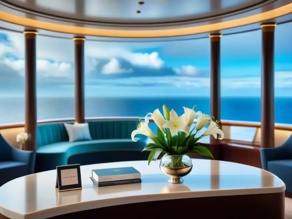 Un elegante escritorio de concierge en un lujoso crucero, con servicios exclusivos y detalles de lujo