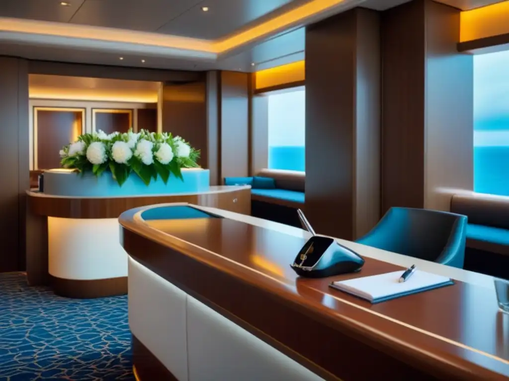 Un elegante escritorio de servicios concierge en un crucero, con diseño minimalista y toques de lujo, bañado por luz natural