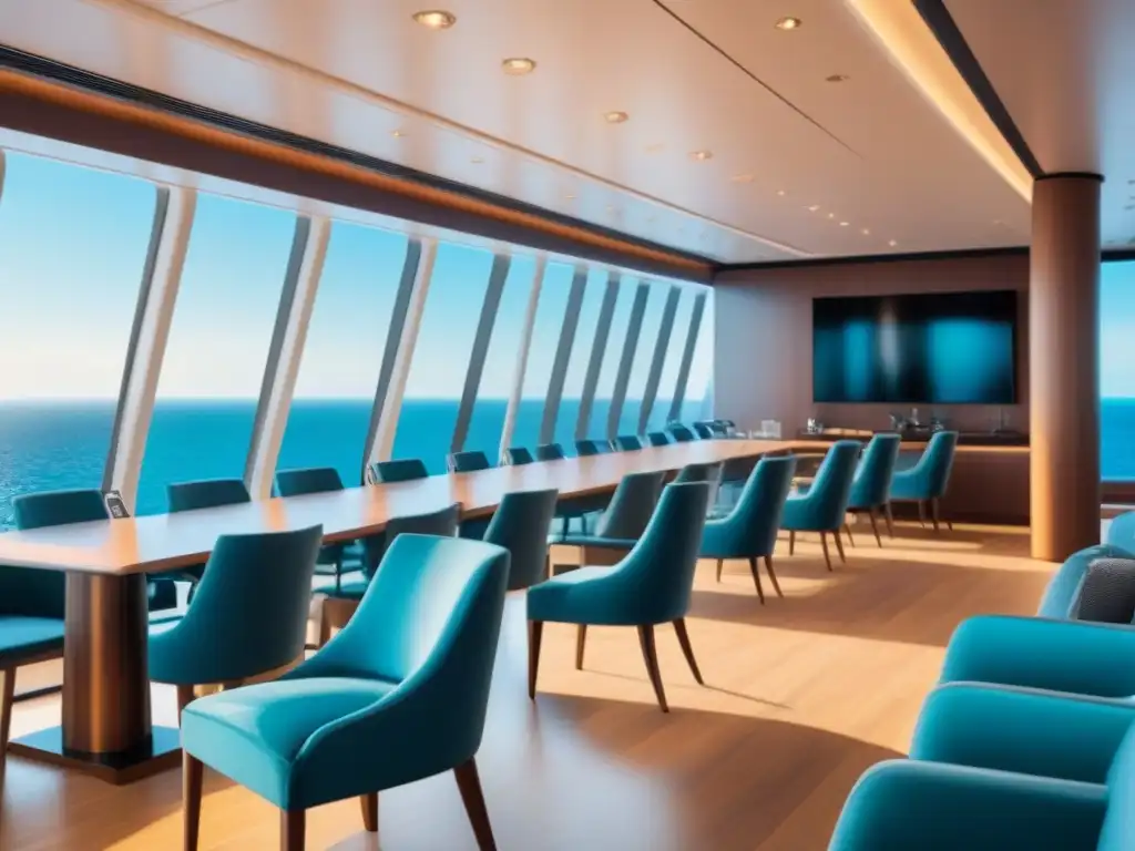 Un elegante espacio de coworking en un crucero de alta mar, con vistas panorámicas al océano y tecnología de vanguardia