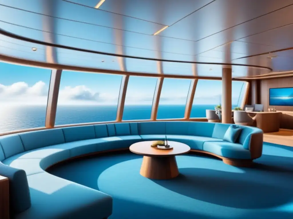 Un elegante espacio de coworking en un crucero de lujo, con vista al mar y tecnología de vanguardia