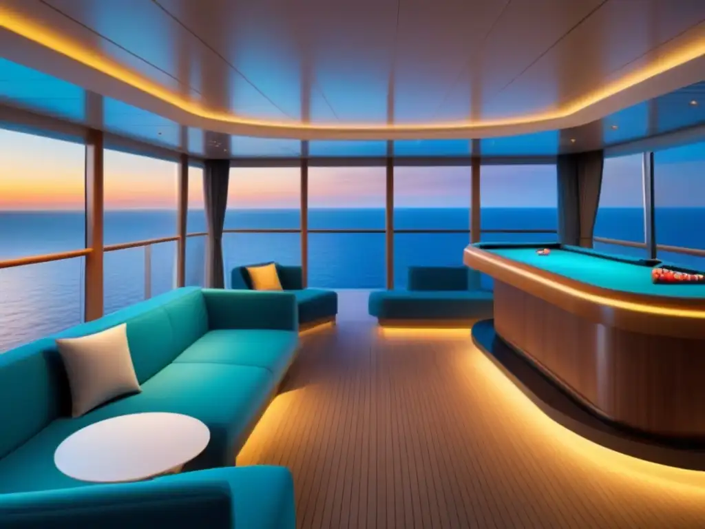 Un elegante espacio de entretenimiento en un crucero al atardecer, con diseño moderno y ambiente acogedor