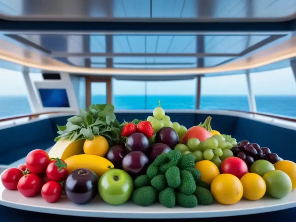 Una elegante exhibición de frutas y verduras frescas y coloridas en un crucero