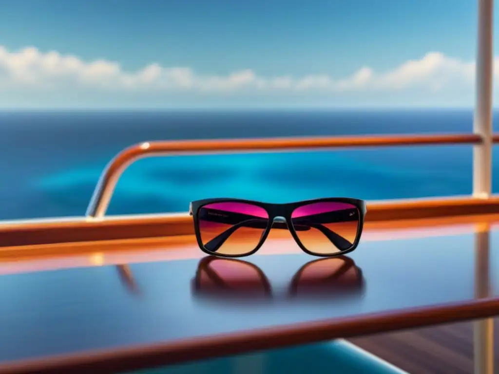 Una elegante exhibición de gafas de sol para cruceros en la cubierta de un lujoso barco, con el mar cristalino de fondo