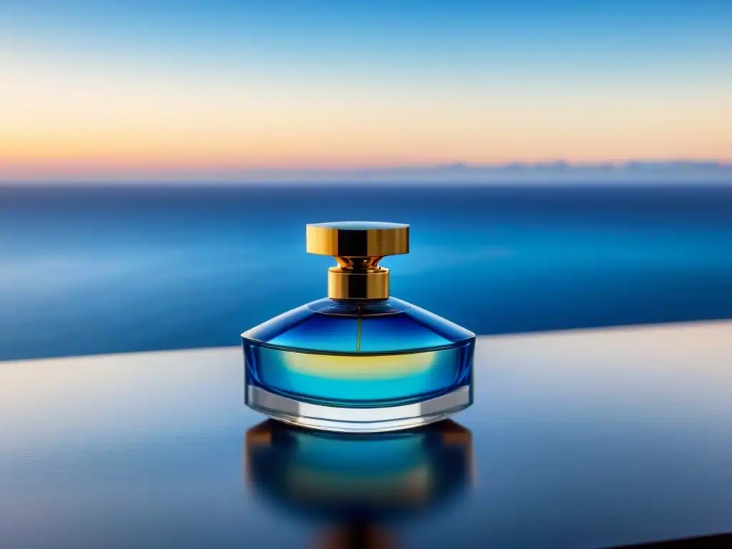 Un elegante frasco de perfume frente a un tranquilo mar azul, con un crucero al fondo