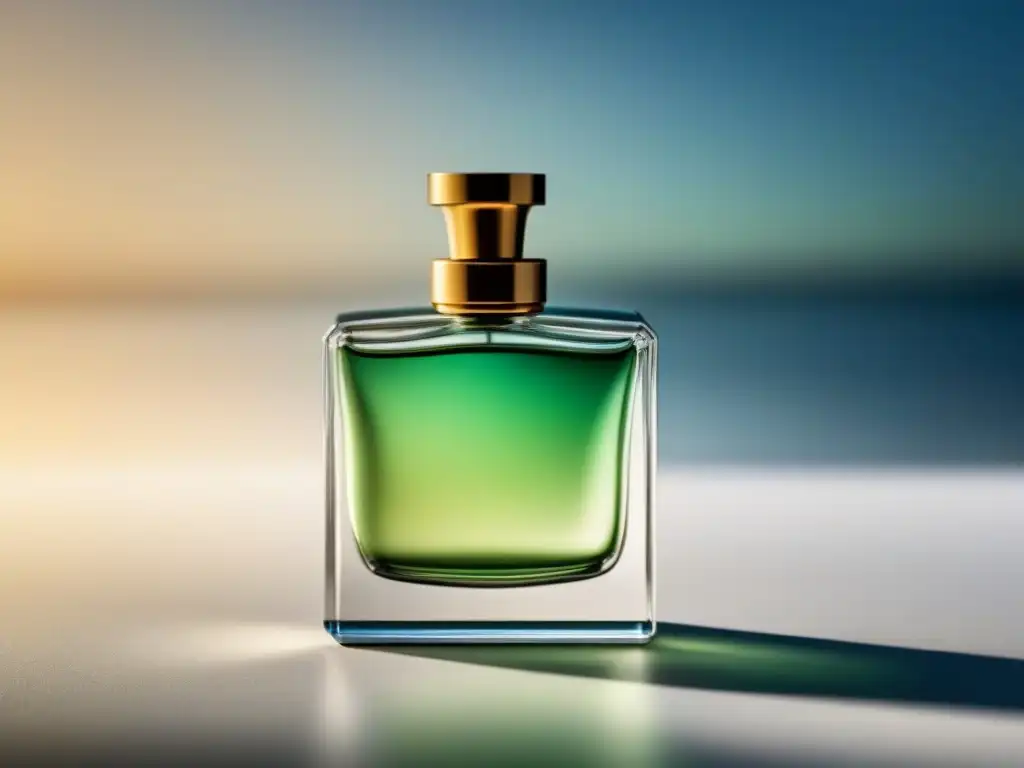 Un elegante frasco de perfume sobre una superficie blanca, iluminado por luz natural, ideal para un ambiente marítimo